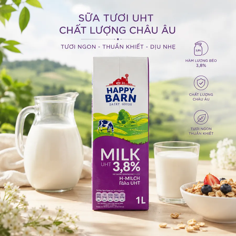 Sữa tươi tiệt trùng Happy Barn ba lan không đường